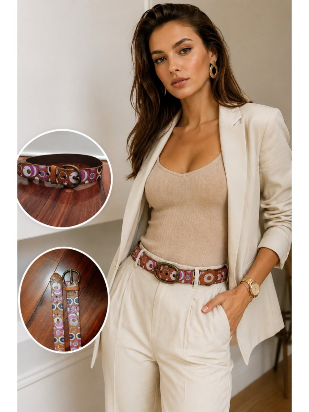 Vintage Genuine Leather Women Belt Brown Pink Retro Circle Print Brass Buckle S